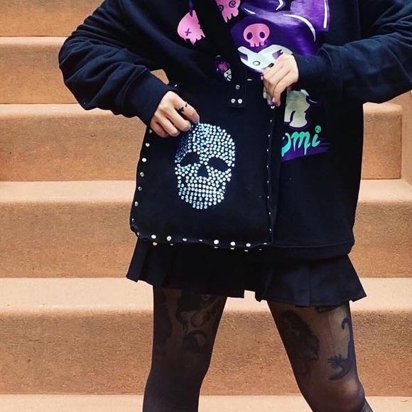 Handcrafted Black Suede Tote with Blue and White Rhinestone Skull - Picture 6 of 9